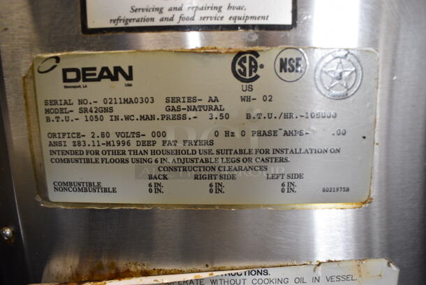 NICE! Dean Model SR42GNS Stainless Steel Commercial Floor Style Natural Gas Powered Deep Fat Fryer. 105,000 BTU. 15.5x30x47 - Image 7 of 7