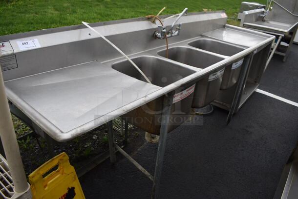 Stainless Steel Commercial 3 Bay Sink w/ Dual Drainboards and Handles. 101x26x44. Bays 16x19x13. Drainboards 22x22x1
