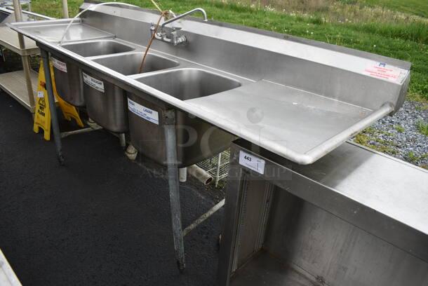 Stainless Steel Commercial 3 Bay Sink w/ Dual Drainboards and Handles. 101x26x44. Bays 16x19x13. Drainboards 22x22x1 - Image 4 of 4
