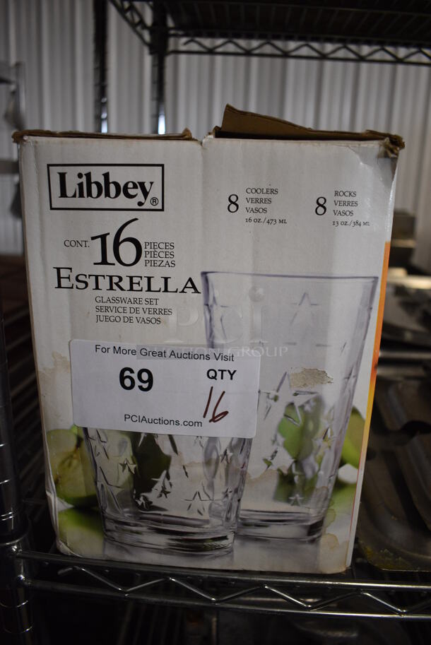 16 BRAND NEW IN BOX! Libbey Estrella Glassware Set; 8 Beverage Glasses and 8 Rocks Glasses. 3.5x3.5x6, 3.5x3.5x4. 16 Times Your Bid! - Image 2 of 3