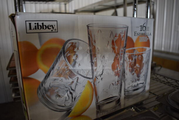 16 BRAND NEW IN BOX! Libbey Estrella Glassware Set; 8 Beverage Glasses and 8 Rocks Glasses. 3.5x3.5x6, 3.5x3.5x4. 16 Times Your Bid! - Image 3 of 3