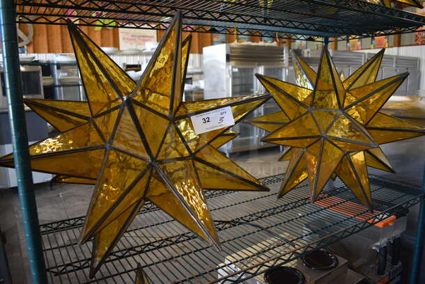 3 Amber Colored Moravian Star Lights. See Picture For Damage. 30x30x30. 3 Times Your Bid!