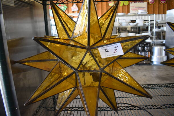 3 Amber Colored Moravian Star Lights. See Picture For Damage. 30x30x30. 3 Times Your Bid! - Image 2 of 5