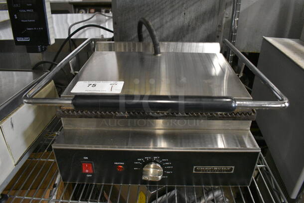 NICE! Chef-Built Mdoel CPG-175 Stainless Steel Commercial Countertop Electric Powered Panini Press w/ Thermostatic Controls. 120 Volts, 1 Phase. 18x18x10. Cannot Test Due To Cut Power Cord