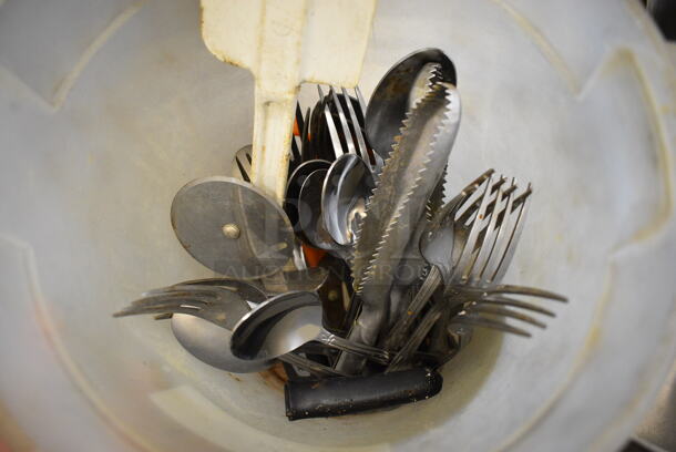 ALL ONE MONEY! Lot of Various Silverware / Utensils in Poly Bin! 10x9x11