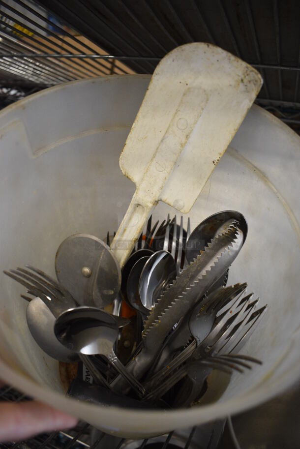 ALL ONE MONEY! Lot of Various Silverware / Utensils in Poly Bin! 10x9x11 - Image 2 of 3