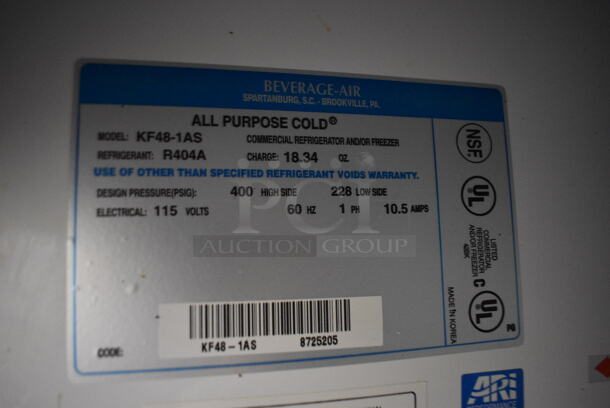 GREAT! Beverage Air Model KF48-1AS ENERGY STAR Stainless Steel Commercial 2 Door Reach In Freezer w/ Poly Coated Racks on Commercial Casters. 115 Volts, 1 Phase. 54.5x32x84. Tested and Powers On But Does Not Get Cold - Image 5 of 7