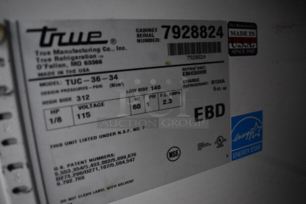 GREAT! 2014 True Model TUC-36-34 ENERGY STAR Stainless Steel Commercial 2 Door Undercounter Cooler on Commercial Casters. 115 Volts, 1 Phase. 36.5x34.5x33.5. Tested and Working! - Image 5 of 7