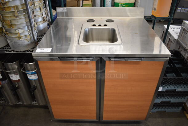 NICE! 2017 Duke Model SUB-P-36M Stainless Steel Commercial Counter w/ Sink Basin and 2 Wood Pattern Doors. 36x30x40