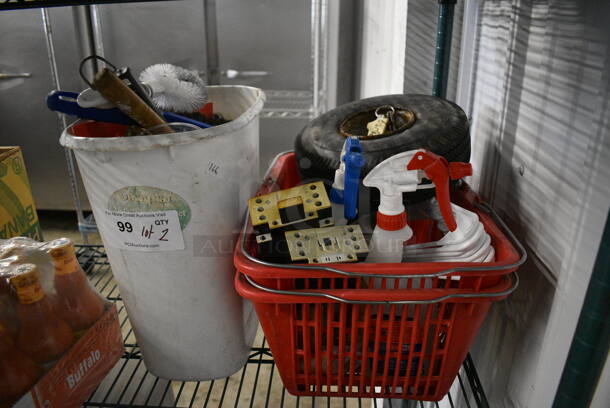 ALL ONE MONEY! Lot of 2 Bins of Various Items Including Cleaning Brushes, Tire and Spray Bottles!