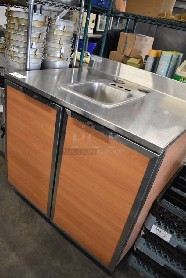 NICE! 2017 Duke Model SUB-P-36M Stainless Steel Commercial Counter w/ Sink Basin and 2 Wood Pattern Doors. 36x30x40 - Image 5 of 6