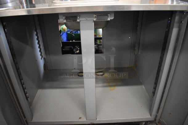 NICE! 2017 Duke Model SUB-P-36M Stainless Steel Commercial Counter w/ Sink Basin and 2 Wood Pattern Doors. 36x30x40 - Image 6 of 6