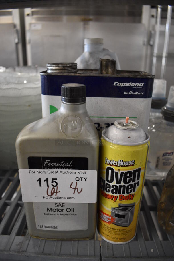 ALL ONE MONEY! Lot of 4 Various Bottles; SAE Motor Oil, Oven Cleaner, Polyol Ester Oil and Block Whitener. Includes 6x6x12