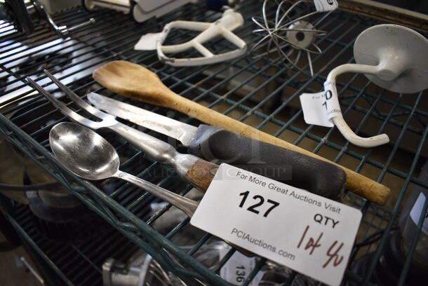 ALL ONE MONEY! Lot of 4 Various Utensils; Wooden Spoon, Steak Tongs, Knife and Spoon! - Image 1 of 2