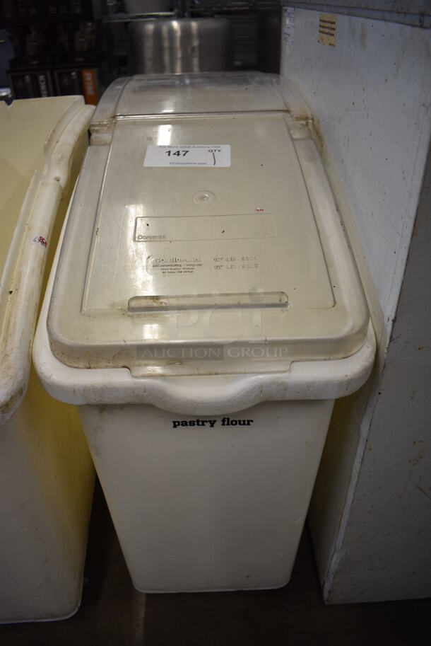 White Poly Ingredient Bin w/ Clear Lid on Commercial Casters. 13x29x27