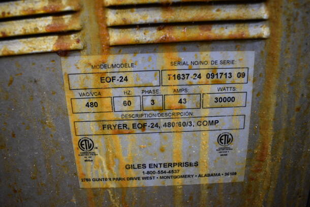 BEAUTIFUL! Giles Model EOF-24 Stainless Steel Commercial Electric Powered 3 Bay Deep Fat Fryer w/ Dumping Station on Commercial Casters. 480 Volts, 3 Phase. 97.5x41x57 - Image 6 of 10