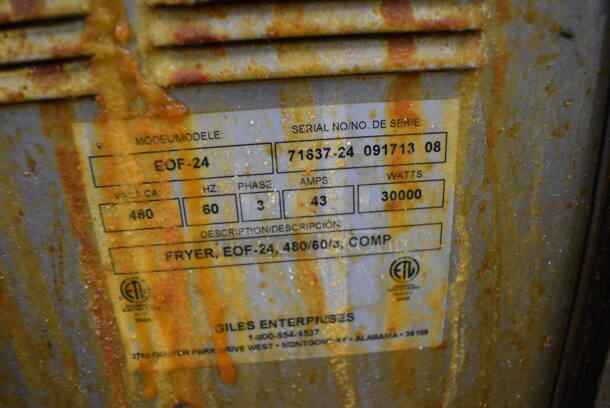 BEAUTIFUL! Giles Model EOF-24 Stainless Steel Commercial Electric Powered 3 Bay Deep Fat Fryer w/ Dumping Station on Commercial Casters. 480 Volts, 3 Phase. 97.5x41x57 - Image 7 of 10