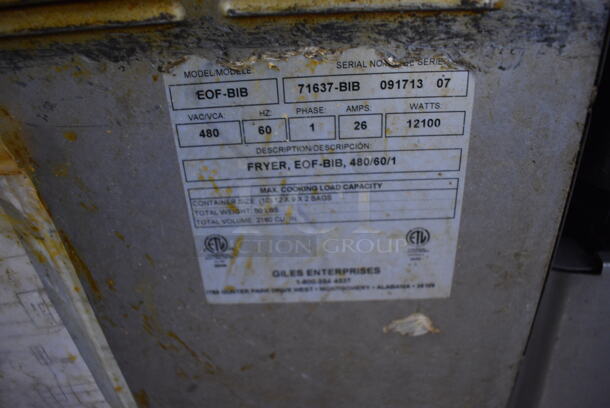 BEAUTIFUL! Giles Model EOF-24 Stainless Steel Commercial Electric Powered 3 Bay Deep Fat Fryer w/ Dumping Station on Commercial Casters. 480 Volts, 3 Phase. 97.5x41x57 - Image 8 of 10