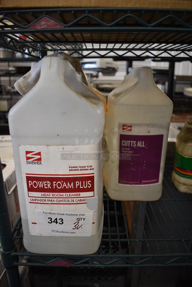 3 Various Cleaner Jugs; Power Foam Plus Meat Room Cleaner, Cutts All Degreaser and Warewashing Detergent. 9x6x15. 3 Times Your Bid!