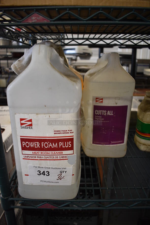 3 Various Cleaner Jugs; Power Foam Plus Meat Room Cleaner, Cutts All Degreaser and Warewashing Detergent. 9x6x15. 3 Times Your Bid! - Image 1 of 5