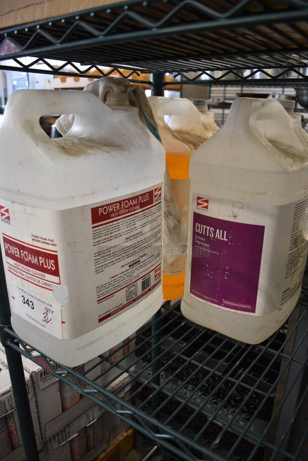3 Various Cleaner Jugs; Power Foam Plus Meat Room Cleaner, Cutts All Degreaser and Warewashing Detergent. 9x6x15. 3 Times Your Bid! - Image 2 of 5