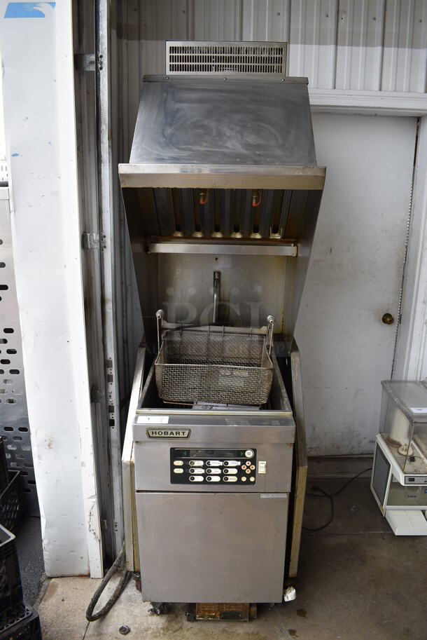 GORGEOUS! Stainless Steel Commercial Ventless Hood w/ Hobart Model 1HFC85 Stainless Steel Commercial Floor Style Electric Powered Deep Fat Fryer on Commercial Casters. 208 Volts, 3 Phase. 27x44x87