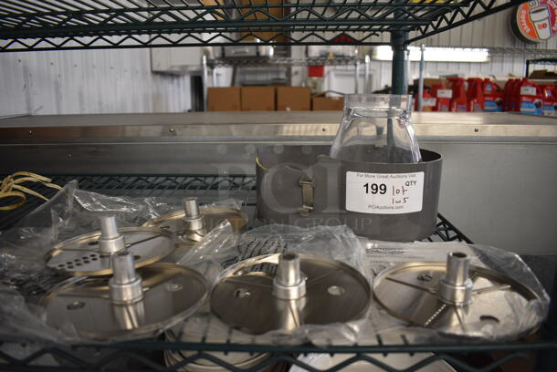 ALL ONE MONEY! Lot of 5 Various Stainless Steel Food Processor Blades and Gray Poly Piece. Includes 10x6.5x4 - Image 1 of 5