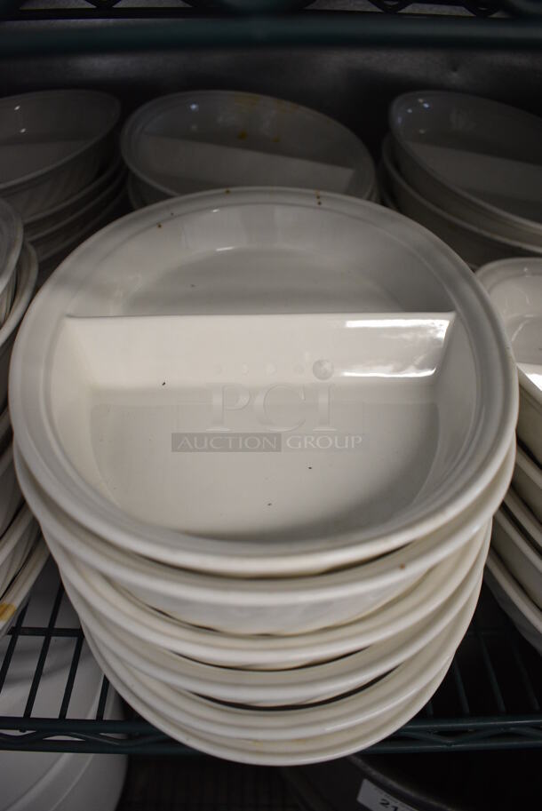 12 White Ceramic 2 Compartment Plates. 13x9x2. 12 Times Your Bid!
