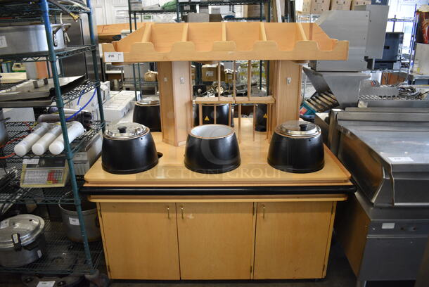 NICE! Wood Pattern Counter w/ 6 Metal Soup Kettle Food Warmers. 61x51x65. Tested and Working!