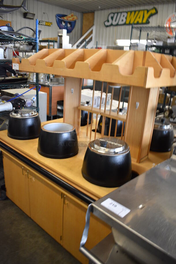 NICE! Wood Pattern Counter w/ 6 Metal Soup Kettle Food Warmers. 61x51x65. Tested and Working! - Image 2 of 9