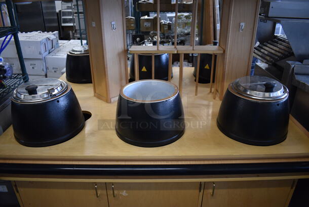 NICE! Wood Pattern Counter w/ 6 Metal Soup Kettle Food Warmers. 61x51x65. Tested and Working! - Image 4 of 9