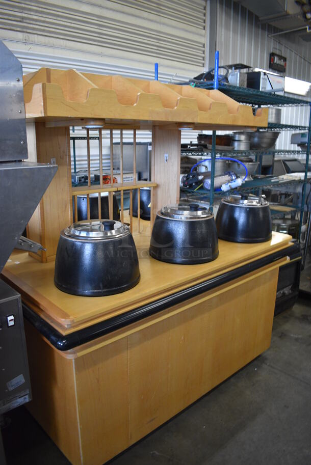 NICE! Wood Pattern Counter w/ 6 Metal Soup Kettle Food Warmers. 61x51x65. Tested and Working! - Image 7 of 9