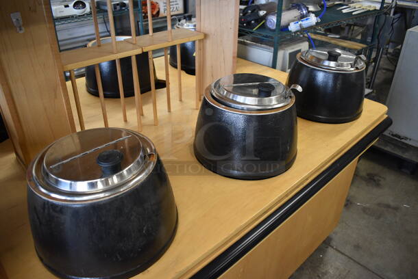 NICE! Wood Pattern Counter w/ 6 Metal Soup Kettle Food Warmers. 61x51x65. Tested and Working! - Image 8 of 9