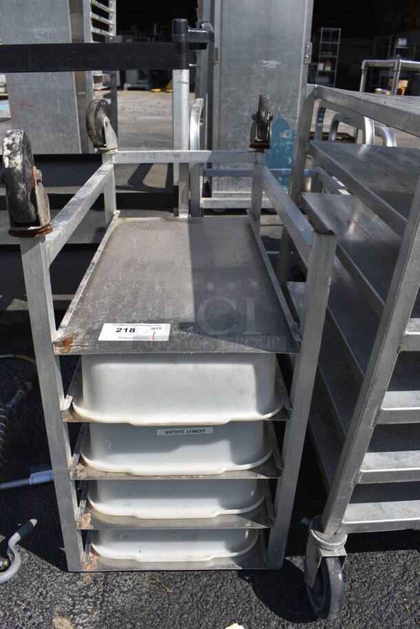Metal Commercial Transport Cart w/ 4 Poly Bins on 3 Commercial Casters. 16x26x31