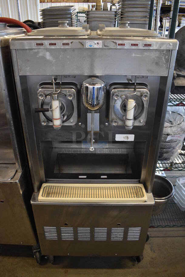 BEAUTIFUL! Taylor Model 342D-27 Stainless Steel Commercial Floor Style Air Cooled 2 Flavor Frozen Beverage Machine w/ Drink Mixer Attachment on Commercial Casters. 208-230 Volts, 1 Phase. 26.5x33x60