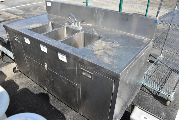 Stainless Steel Commercial 3 Bay Sink w/ Faucet, Handles, Backsplash and 2 Doors. 66x30x42. Bay 10x14x10