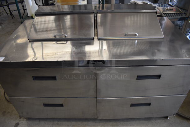 GREAT! Delfield Model UCD4464N-12-DD5 Stainless Steel Commercial Sandwich Salad Prep Table Bain Marie Mega Top w/ 4 Drawers on Commercial Casters. 115 Volts, 1 Phase. 64x32x42. Tested and Working!