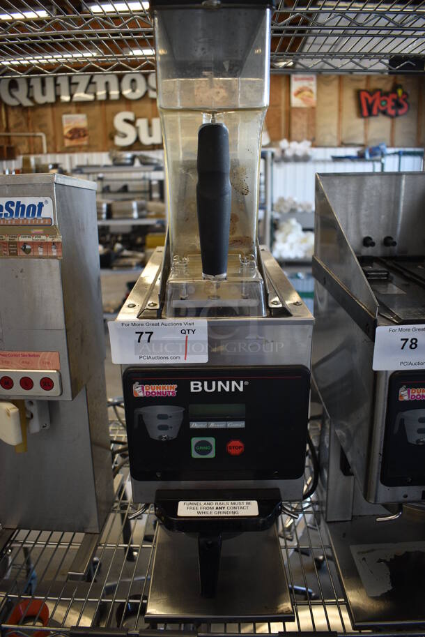 2015 Bunn Model G9WD-RI Stainless Steel Commercial Countertop Single Hopper Coffee Bean Grinder w/ Metal Brew Basket. 120 Volts, 1 Phase. 8x20x29. Tested and Working!
