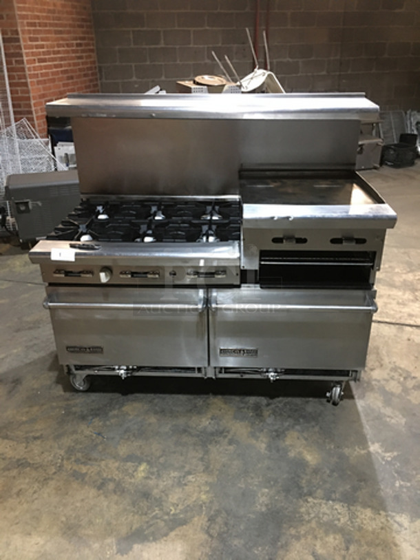NICE! American Range Commercial Natural Gas Powered 6 Burner Stove! With Right Side Flat Griddle/Cheese Melter Combo! With 2 Full Size Ovens Underneath! With Backsplash & Overhead Salamander Shelf! All Stainless Steel! On Casters!
