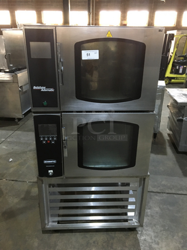 Belshaw Adamatic Commercial Electric Powered Dual Combi Oven! With View Through Doors! With Pan Racks Underneath! All Stainless Steel! Model FG189UZ84 Serial 2000003710FA032620! 2 X Your Bid! Makes One Unit! On Casters!