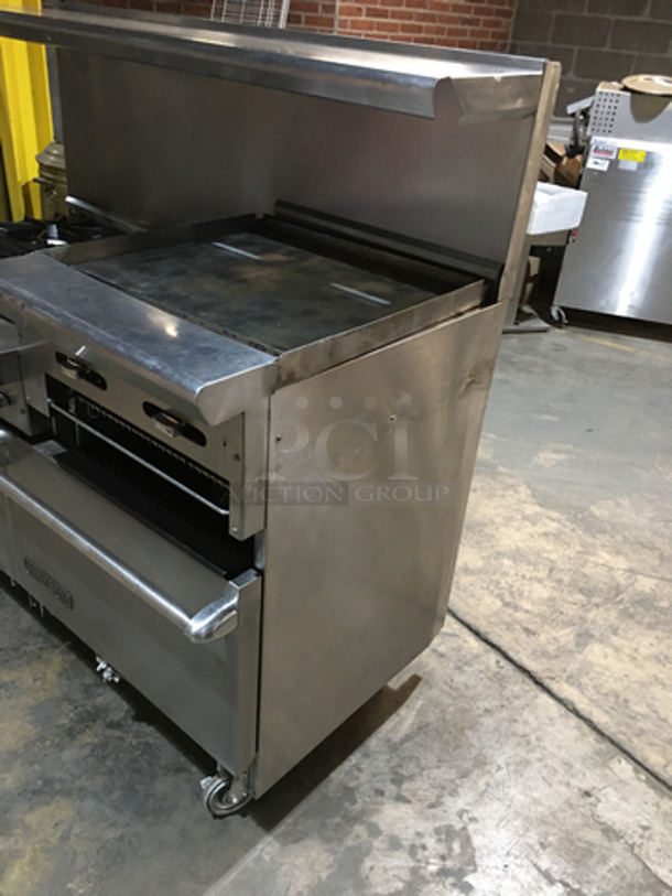 NICE! American Range Commercial Natural Gas Powered 6 Burner Stove! With Right Side Flat Griddle/Cheese Melter Combo! With 2 Full Size Ovens Underneath! With Backsplash & Overhead Salamander Shelf! All Stainless Steel! On Casters! - Image 2 of 11