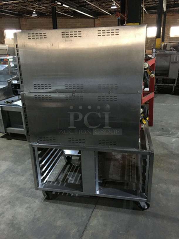 Belshaw Adamatic Commercial Electric Powered Dual Combi Oven! With View Through Doors! With Pan Racks Underneath! All Stainless Steel! Model FG189UZ84 Serial 2000003710FA032620! 2 X Your Bid! Makes One Unit! On Casters! - Image 2 of 11