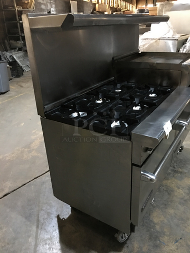 NICE! American Range Commercial Natural Gas Powered 6 Burner Stove! With Right Side Flat Griddle/Cheese Melter Combo! With 2 Full Size Ovens Underneath! With Backsplash & Overhead Salamander Shelf! All Stainless Steel! On Casters! - Image 3 of 11