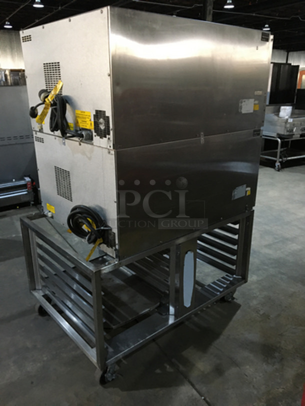 Belshaw Adamatic Commercial Electric Powered Dual Combi Oven! With View Through Doors! With Pan Racks Underneath! All Stainless Steel! Model FG189UZ84 Serial 2000003710FA032620! 2 X Your Bid! Makes One Unit! On Casters! - Image 3 of 11