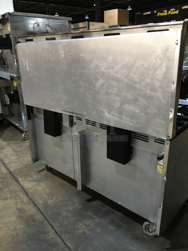 NICE! American Range Commercial Natural Gas Powered 6 Burner Stove! With Right Side Flat Griddle/Cheese Melter Combo! With 2 Full Size Ovens Underneath! With Backsplash & Overhead Salamander Shelf! All Stainless Steel! On Casters! - Image 4 of 11