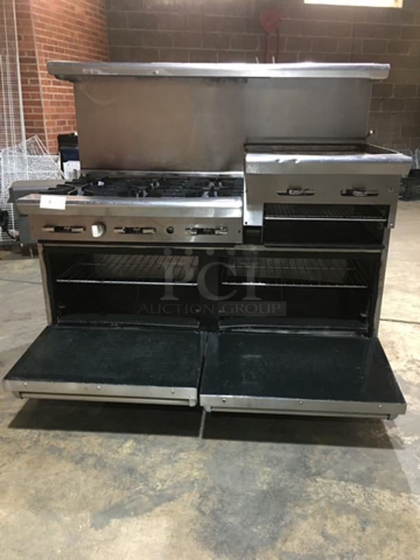 NICE! American Range Commercial Natural Gas Powered 6 Burner Stove! With Right Side Flat Griddle/Cheese Melter Combo! With 2 Full Size Ovens Underneath! With Backsplash & Overhead Salamander Shelf! All Stainless Steel! On Casters! - Image 5 of 11