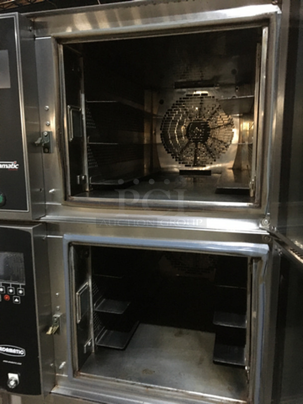 Belshaw Adamatic Commercial Electric Powered Dual Combi Oven! With View Through Doors! With Pan Racks Underneath! All Stainless Steel! Model FG189UZ84 Serial 2000003710FA032620! 2 X Your Bid! Makes One Unit! On Casters! - Image 5 of 11