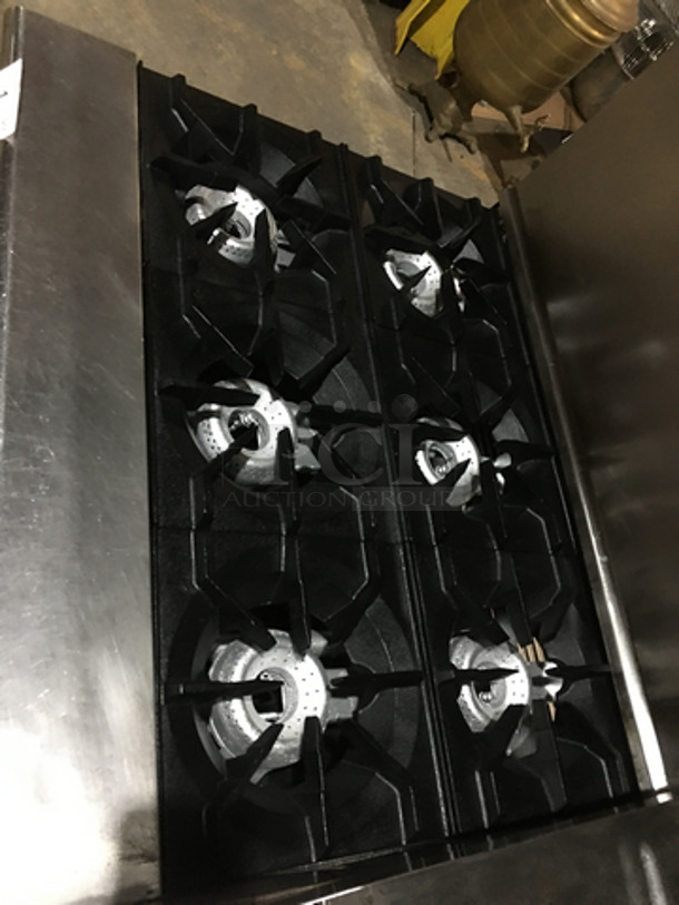 NICE! American Range Commercial Natural Gas Powered 6 Burner Stove! With Right Side Flat Griddle/Cheese Melter Combo! With 2 Full Size Ovens Underneath! With Backsplash & Overhead Salamander Shelf! All Stainless Steel! On Casters! - Image 7 of 11