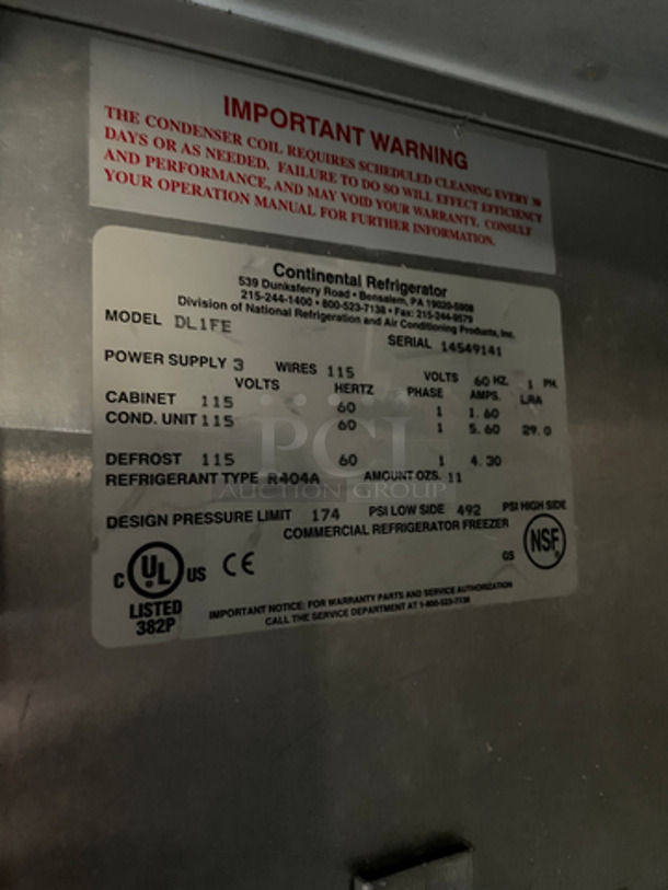 Continental Commercial Single Door Reach In Freezer! All Stainless Steel! Model DL1FE Serial 14549141! 115V 1Phase! - Image 7 of 9