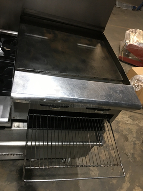 NICE! American Range Commercial Natural Gas Powered 6 Burner Stove! With Right Side Flat Griddle/Cheese Melter Combo! With 2 Full Size Ovens Underneath! With Backsplash & Overhead Salamander Shelf! All Stainless Steel! On Casters! - Image 9 of 11